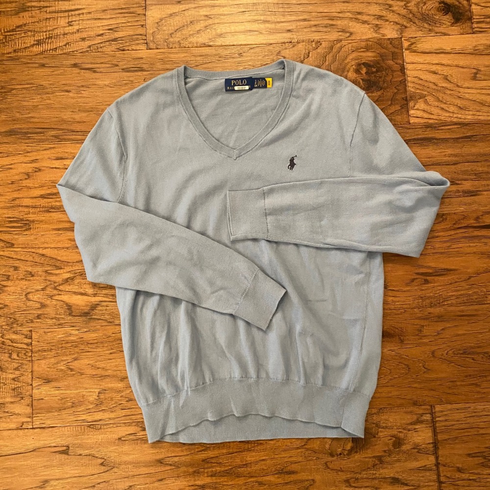 Polo Ralph Lauren V-Neck Sweater Mens Small Blue Pima Cotton Knit Pony Logo